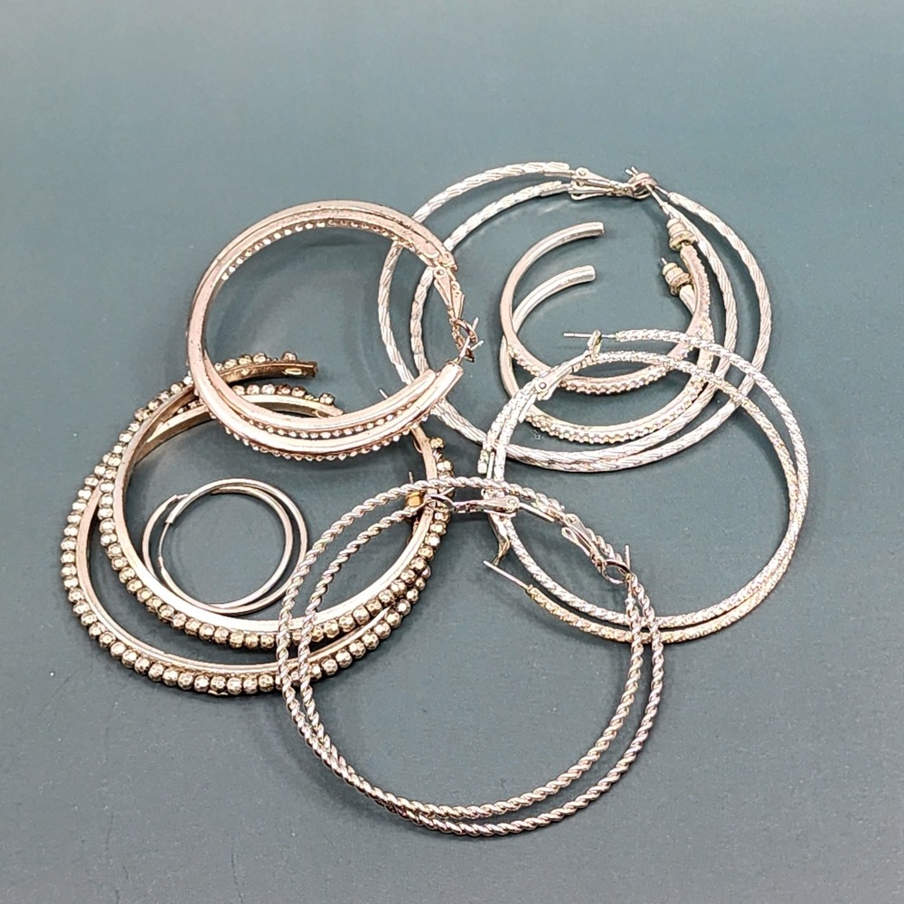 Silver Tone Hoop Earrings Lot Rhinestone Textured Twisted Large Statement Set